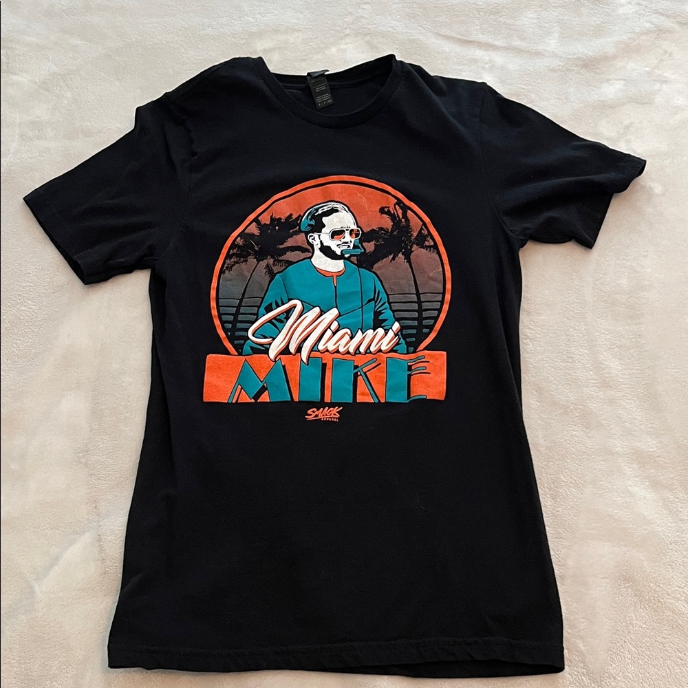 Black “Miami Mike” Graphic Tee with Teal and Orange Print
